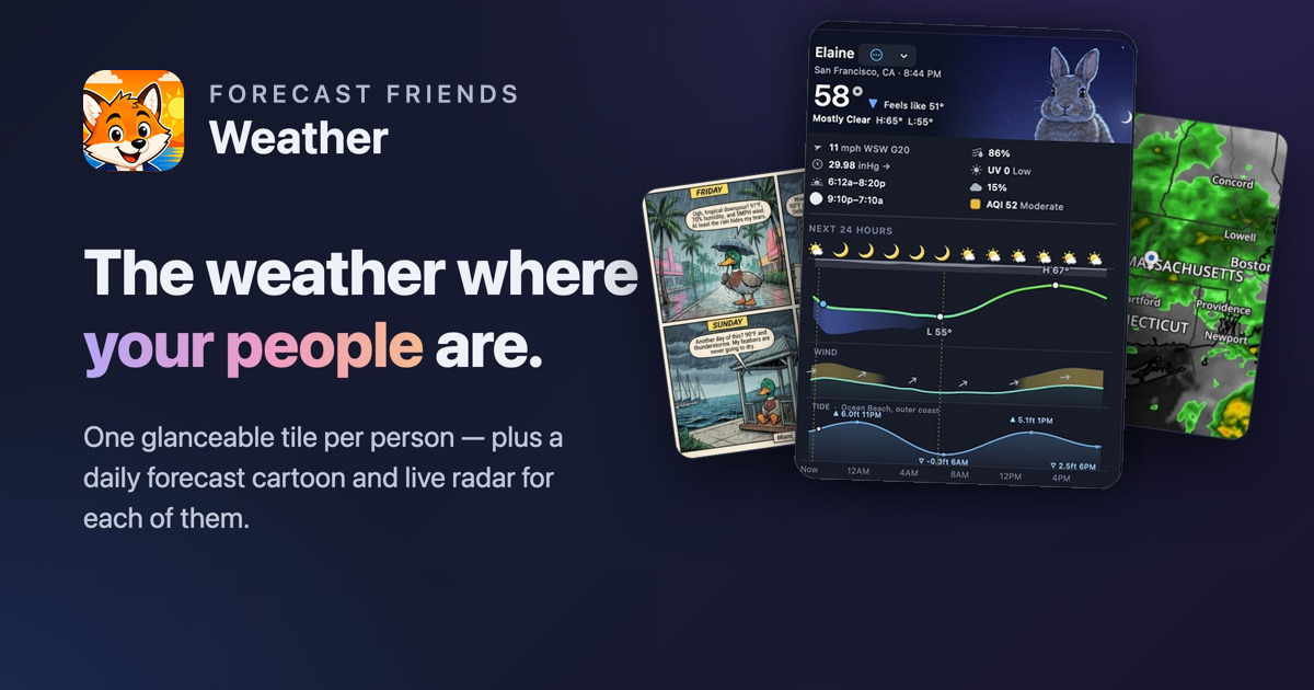Forecast Friends — a dark dashboard showing a weather tile, a forecast cartoon, and live radar, with the tagline “The weather where your people are.”